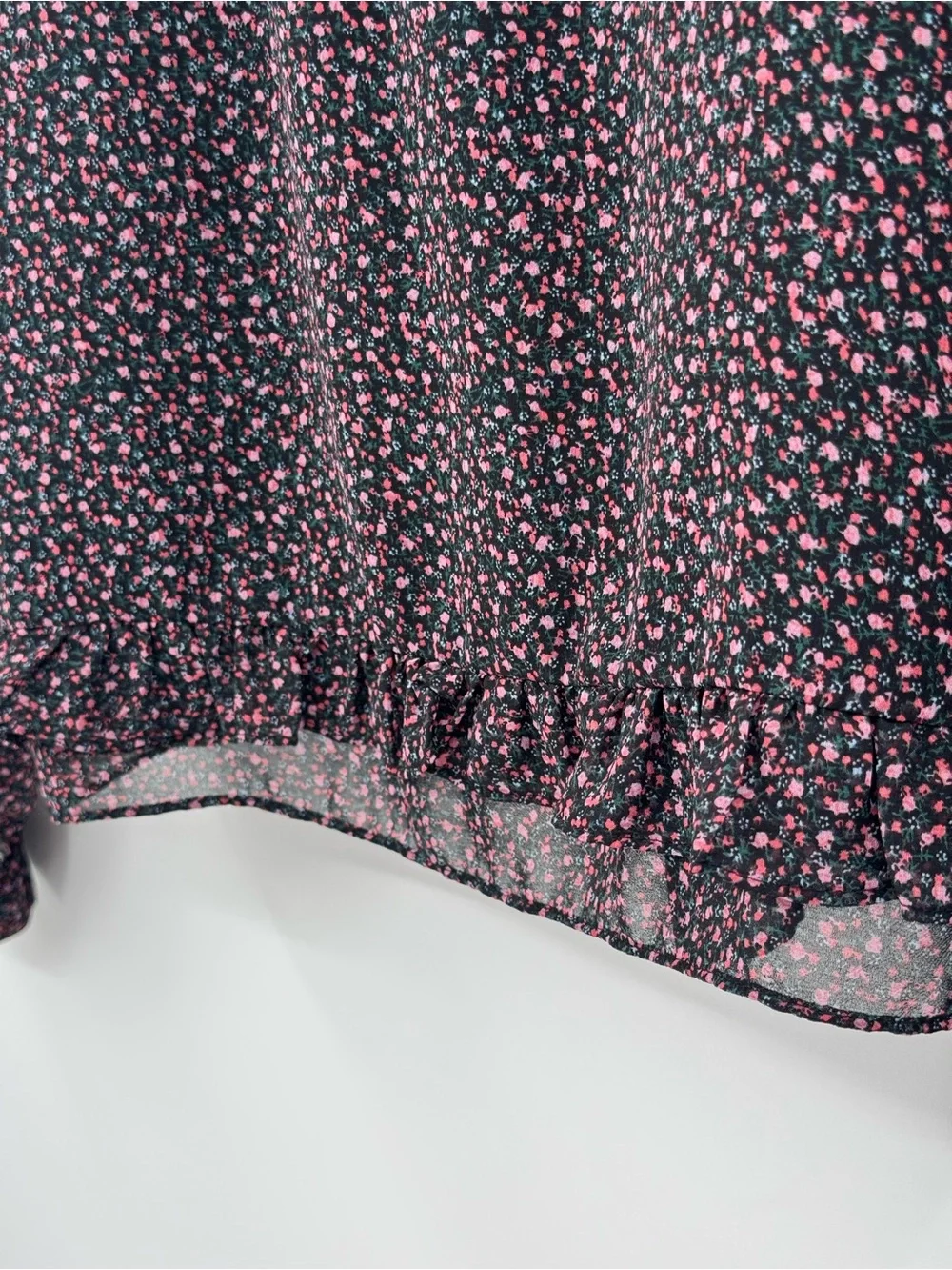 Rebecca Minkoff Women’s L Floral Blouse Black Pink Long Sleeve Sheer Neck Tie
